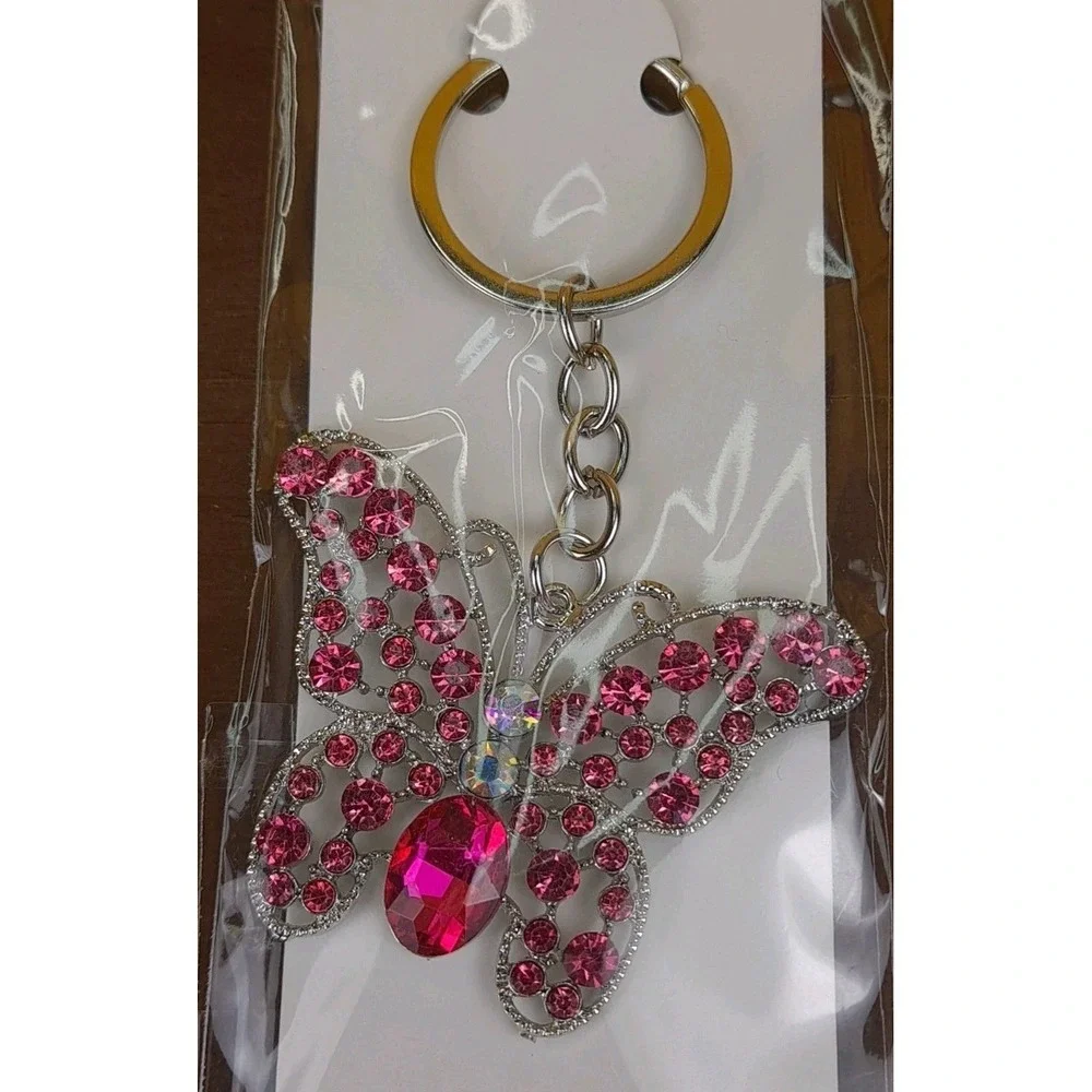 NIP Crystal‎ Collection Pink Crystal Butterfly Silver Tone Keychain Backpack